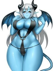 1girls bikini black_sclera blue-skinned_female blue_skin breasts cleavage demon female_only horns large_breasts long_hair metalbolic navel original pointy_ears smile solo succubus swimsuit tail thick_thighs white_hair wings yellow_eyes