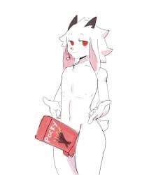 1boy absurd_res anthro biped bovid buta99 caprine fur goat looking_at_viewer male male_only mammal mostly_nude nipples pocky_day red_eyes simple_background smiling smiling_at_viewer solo white_background white_body white_fur