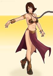 bare_arms bare_legs bare_midriff bare_shoulders bare_thighs belly_button bikini bikini_top blue_eyes blush blush blush_lines boots bracelet brown_bikini brown_bikini_top brown_hair chain_leash chained chains chains cleavage collar collar_and_leash collared crossover crossover_cosplay final_fantasy final_fantasy_x gold_bracelets gold_collar golden_bracelets golden_collar green_boots green_eyes heterochromia leash leash_and_collar leashed_collar leashed_female loincloth metal_collar midriff navel red_loincloth short_hair slave slave_bikini slave_collar slave_leia slave_leia_(cosplay) slave_outfit slavegirl thick_thighs yuna