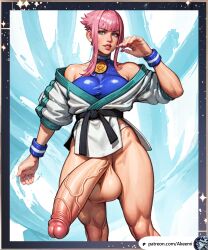 1futanari ai_generated akeemi belt black blue_eyes breasts clothing cowboy_shot futanari high_resolution huge_breasts karate_gi large_penis looking_at_viewer manon_legrand penis pink_hair short_hair solo_futa street_fighter street_fighter_6 thick_thighs wide_hips