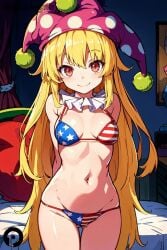 ai_generated american_flag_bikini arms_behind_back ass_visible_through_thighs bangs bikini blonde_hair breasts clownpiece cowboy_shot female flag_print hat indoors jester_cap long_hair looking_at_viewer medium_breasts navel neck_ruff no_wings pikkiwynn polka_dot polka_dot_headwear red_eyes smile solo star_(symbol) star_print stomach striped swimsuit thigh_gap touhou very_long_hair