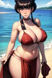 1girls ai_generated avatar_legends avatar_the_last_airbender beach big_breasts black_hair breasts busty cleavage dark_hair double_bun female female_focus female_only fire_nation fr34ky goth_girl gothic hairbun huge_breasts large_breasts looking_at_viewer mai_(avatar) noblewoman solo solo_female