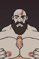 animated bald bara beard big_breasts big_penis boob_sex boobfuck breasts daddy dilf gay god_of_war hints0 kratos male_breasts male_focus male_only male_paizuri male_tits manboobs mature_male nude older_male pecjob pecs smile smiling smiling_at_viewer solo_male tagme titfuck video