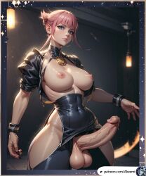 1futanari ai_generated akeemi black_jacket black_legwear black_underwear blue_eyes cowboy_shot futanari huge_breasts large_penis looking_at_viewer manon_legrand open_jacket pink_hair short_hair solo_futa street_fighter street_fighter_6 thick_thighs wide_hips