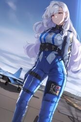 ai_generated fighter_jet fighter_pilot girl pink_eyes purple_hair silver_hair