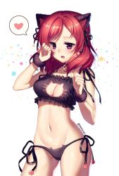 1girls bell_collar belly_button blush cat_ears cat_keyhole_bra cat_keyhole_lingerie cat_lingerie catgirl keyhole_bra love_live! nishikino_maki purple_eyes red_hair rosuuri skinny wrist_cuffs