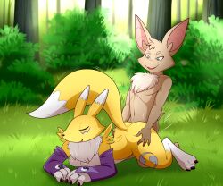 all_fours anthro bandai_namco bat black_claws canid canine claws digimon digimon_(species) doggy_style duo female forest forest_background fox fox_tail from_behind_position fur hi_res lonbluewolf looking_pleasured male male/female mammal nature nature_background plant renamon sex tail tan_body tan_fur tree turo_of_akesh wingless_bat yellow_body yellow_fur