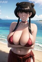 1girls ai_generated avatar_legends avatar_the_last_airbender beach big_breasts black_hair breasts busty choker cleavage crossed_arms dark_hair double_bun female female_focus female_only fire_nation fr34ky goth_girl gothic hairbun huge_breasts large_breasts looking_at_viewer mai_(avatar) navel noblewoman solo solo_female solo_focus twin_buns