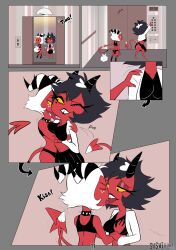 anthro ass black_hair comic demon digital_media_(artwork) elevator english_text female hair helluva_boss hi_res horn humanoid imp kissing male millie_(helluva_boss) moxxie_(helluva_boss) page_11 red_body sushigoat tail text white_hair yellow_sclera