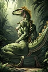 ai_assisted ai_generated anthro back_view breasts breasts_out furrygoddesses green_scales iguana lizard muscle_girl pussy scalie small_breasts tail