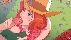 1boy 1girls blowjob blue_eyes booty_farm breasts cowboy_hat farmgirl fellatio female freckles freckles_on_face game_cg ginger handjob hat licking licking_penis male mindy_(booty_farm) nutaku oral pale-skinned_female penis red_hair red_lipstick tender_troupe unseen_male_face