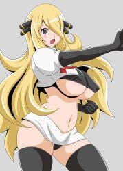 1girls areola_slip areolae big_breasts black_eyes black_thighhighs blonde_hair blush breasts curvaceous cynthia_(pokemon) female female_only game_freak hair hair_over_one_eye hips huge_breasts jessie_(pokemon)_(cosplay) koutarosu legwear long_hair mature mature_female mature_woman pencil_skirt pokemon pokemon_(anime) pokemon_dppt skirt solo solo_female team_rocket thighhighs thighs underboob white_skirt wide_hips