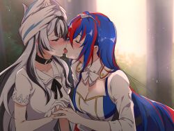 2girls alear_(female)_(fire_emblem) alear_(fire_emblem) bangs bare_arms blue_hair braid breasts cleavage closed_eyes collar drooling female female_only fire_emblem fire_emblem_engage french_kiss grey_hair holding_hands incest kissing long_hair medium_breasts multicolored_hair multiple_girls negom nintendo open_mouth outdoors purple_eyes red_hair saliva short_sleeves sisters tiara very_long_hair veyle_(fire_emblem) yuri