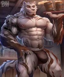 abs absurd_res anthro biceps black_clothing black_jockstrap black_underwear bottomwear brown_body brown_fur bulge claws clothed clothing digital_media_(artwork) ear_piercing felid fur grimoire_of_zero hi_res jockstrap looking_at_viewer male male_only mammal mercenary_(grimoire_of_zero) muscular muscular_anthro muscular_male muscular_thighs nipple_piercing nipples pantherine pecs physen piercing red_eyes ring_piercing smile solo solo_focus striped_body stripes tail tattoo tiger topless underwear white_body white_fur