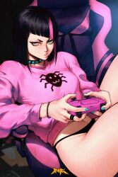 absurdres aqua_nails black_hair black_panties blue_eyes bracelet breasts capcom casual chair collar commentary controller diagonal_bangs dualsense english_commentary feet_out_of_frame female fingernails game_controller gamepad gaming_chair hair_down heterochromia highres holding holding_controller holding_game_controller jewelry juri_han lips long_hair medium_breasts multicolored_hair nail_polish no_pants panties pink_eyes pink_hair pink_sweater playing_games playstation playstation_5 playstation_controller pout reclining ring short_eyebrows sitting solo spiked_collar spikes spunkyramaz straight_hair streaked_hair street_fighter street_fighter_6 sweater swivel_chair thick_thighs thighs thong two-tone_hair underwear wireless