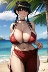 1girls ai_generated avatar_legends avatar_the_last_airbender beach big_breasts black_hair breasts busty cleavage dark_hair double_bun female female_focus female_only fire_nation fr34ky goth_girl gothic hairbun huge_breasts large_breasts looking_at_viewer mai_(avatar) noblewoman solo solo_female