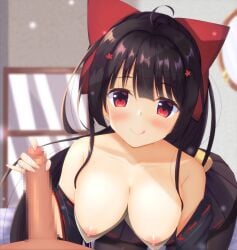 1boy 1girls agano_(azur_lane) areolae azur_lane black_hair blush breasts censored clothed_female_nude_male dark-skinned_male dark_skin erect_penis erection hair_ornament handjob huge_breasts indoors japanese_clothes kisuish licking_lips light-skinned_female light_skin male_pov mosaic_censoring nipples penis pov red_eyes sakura_empire_(azur_lane)