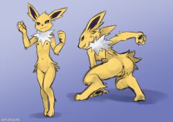 anthro anus ass biped blue_background breasts eeveelution female fur generation_1_pokemon genitals hi_res jolteon navel nintendo nipples pokemon pokemon_(species) pussy rear_view sealer4258 simple_background small_breasts solo white_body white_fur yellow_body yellow_fur