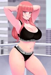 arms_behind_head blacked blacked_clothing candace_crush huge_breasts huniepop huniepop_2 light-skinned_female pale_skin pink_eyes pink_hair pink_nipples queen_of_spades wazu-san