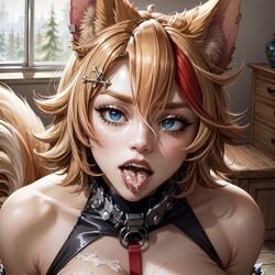 1girls after_fellatio after_oral ai_generated animal_ears blue_eyes buffpup_(vtuber) cleavage cum cum_in_mouth cum_on_breasts fangs female hi_res horny_female large_breasts open_mouth oral_creampie orange_hair realistic sharp_teeth stable_diffusion tongue_out vchiban virtual_youtuber vrchat vrchat_avatar vtuber wolf_ears wolf_girl wolf_humanoid wolf_tail