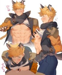 2boys abs animal_ears bar_censor bara bare_pectorals between_pectorals black_pants black_tank_top blonde_hair blush censored closed_mouth clothes_lift cropped_jacket cum cum_on_body cum_on_male cum_on_pectorals erection fur-trimmed_belt fur_collar gay granblue_fantasy green_eyes higashigunkan jacket large_pectorals male_focus multiple_boys multiple_views muscular muscular_male navel nipples official_alternate_costume open_clothes open_jacket open_mouth orange_jacket pants pecjob pectorals penis shirt short_hair simple_background solo_focus tail tank_top torn_clothes torn_shirt vane_(granblue_fantasy) vane_(halloween)_(granblue_fantasy) white_background white_shirt wolf_boy wolf_ears wolf_paws wolf_tail yaoi