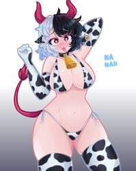 1girls black_hair cow_bikini cow_girl cow_print heart_eyes large_breasts nanaii_desu red_eyes sticking_out_tongue touhou urumi_ushizaki white_hair