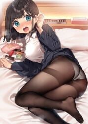 1girls ass bangs bed black_hair black_jacket black_pantyhose blue_eyes blush breasts brown_pantyhose collared_shirt cosmetics feet indoors jacket lipstick_tube long_sleeves looking_at_viewer lying mole mole_under_eye no_shoes office_lady on_bed on_side open_clothes open_jacket open_mouth original panties panties_under_pantyhose pantyhose pillow sakura_yuki_(clochette) shirt short_hair skirt solo teeth thighband_pantyhose tissue_box underwear upper_teeth_only v-shaped_eyebrows white_panties white_shirt