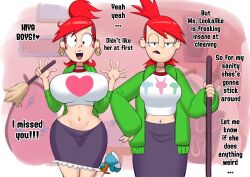 2girls breast_size_difference breasts cartoon_network clothing dialogue english_text female foster's_home_for_imaginary_friends frankie_foster grey_impact hi_res huge_breasts human imaginary_frankie large_breasts light-skinned_female light_skin outerwear pale_skin png red_hair