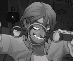 boyfriend_to_death dominant_male evil_grin evil_smile gagged gatobob_(gurobob) greyscale looking_at_viewer male no_visible_genitalia pov pov_eye_contact pov_sub ring_gag snuff solo strade submissive_pov suggestive suggestive_look