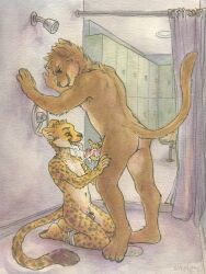 2boys 4_toes amber_eyes anthro anthro_on_anthro artist_name ass bench body_fur brown_fur canid canine canis carbinecat_(character) ceiling_lights chastity_cage chastity_device cheetah circumcised claws clothed clothing communal_shower cum cum_in_mouth cum_inside cum_on_chest cum_on_hand cum_on_penis domestic_dog dominant dominant_male duo ejaculation erection faucet feet felid feline gay gay_sex genitals green_eyes grin gym handjob hands_on_wall happy happy_sex head_down hi_res holding_penis humanoid_genitalia humanoid_penis inside kneeling kneeling_oral_position leaning leaning_forward lock locker locker_room looking_at_genitalia looking_at_penis looking_down male male/male male_only mammal nude_male on_ground open_mouth oral orange_eyes padlock painting_(artwork) partially_clothed penile penis plantigrade public public_nudity public_oral public_sex public_shower raised_tail semi_public sex shower shower_curtain shower_drain shower_head shower_stall sicklyhypnos side_view size_difference slim smile smooth_penis spots standing submissive submissive_male tail tail_tuft teeth toe_claws toes tongue tongue_out traditional_media_(artwork) underwear underwear_down watercolor_(artwork) yellow_fur