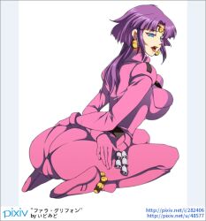 1girls 2000s ass bell blue_eyes bodysuit bondage breasts female female_focus fuala_griffon gundam heels idmdo idomido jewelry legwear normal_suit older_female pilot_suit pink_hair pinup presenting pussy sole_female tight_clothing victory_gundam villainess