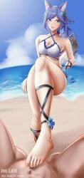 1boy 1girls alternate_costume animal_ears artist_name azur_lane bar_censor barefoot beach big_breasts bikini blue_eyes blue_hair blush breasts censored cleavage dr.lee_(1323-4546-564) eyebrows_visible_through_hair feet femdom flower_in_hair foot_fetish footjob fox_ears fox_girl fox_tail jintsuu_(azur_lane) jintsuu_(the_tactician's_vacation)_(azur_lane) light-skinned_female light-skinned_male light_skin looking_at_viewer male_pov malesub official_alternate_costume outside penis pixiv_url pov sakura_empire_(azur_lane) sole_female soles stepping_on stepping_on_penis swimsuit tail url