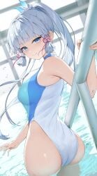 1girls :) absurd_res aqua_eyes aqua_hair armpit ass bare_shoulders big_breasts blush dutch_angle female female_only genshin_impact hair_ribbon half-closed_eyes highres kamisato_ayaka light-skinned_female long_hair looking_at_viewer looking_back looking_back_at_viewer mole mole_under_eye one-piece_swimsuit ponytail pool pool_ladder rosumerii smile solo standing swimsuit very_long_hair water wet wet_body wet_skin