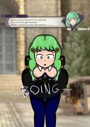 bluetitbird blush breasts breasts_out dialogue female female_only fire_emblem fire_emblem:_three_houses fire_emblem_warriors:_three_hopes flashing flayn_(fire_emblem) garreg_mach_monastery_uniform green_eyes green_hair medium_breasts nintendo nipples no_bra pantyhose solo solo_focus surprised wardrobe_malfunction