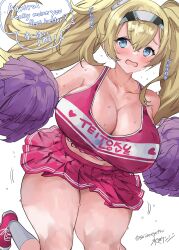 bare_shoulders blonde_hair blue_eyes blush breasts cheerleader cowboy_shot crop_top female gambier_bay_(kantai_collection) hair_between_eyes hairband highres holding kantai_collection large_breasts long_hair looking_at_viewer midriff miniskirt mizuta_kenji navel open_mouth pleated_skirt pom_pom_(cheerleading) simple_background skirt sleeveless solo twintails white_background