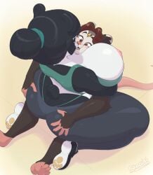 1boy 1girls animal_ears anthro areolae ass ass_grab big_ass black_hair breasts brown_hair cheek_squish female giant_panda head_between_breasts hi_res huge_breasts hugging kneeling lei_(skecchiart) male mustelid nipples panda red_eyes short_tail sitting sitting_on_lap skecchiart thick_thighs tied_hair ursid