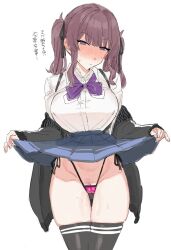 1girls bangs black_thighhighs blue_skirt blush bow bowtie breasts brown_hair cameltoe clothes_lift female female_pubic_hair hair_ribbon highleg large_breasts lifted_by_self long_hair looking_at_viewer original original_character panties pink_panties pleated_skirt pubic_hair purple_eyes purple_hair pussy ribbon school_uniform shirt side-tie_panties simple_background skirt skirt_lift solo string_panties suisogenshi sweat thighhighs twintails underwear white_background