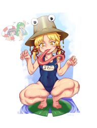 blonde_hair hair_ornament hat kanako_yasaka large_thighs lily_pad long_tongue one-piece_swimsuit sanae_kochiya snacks_(artist) squatting suwako_moriya touhou wet