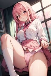 ai_generated pink_eyes pink_hair pink_panties pink_skirt school_uniform schoolgirl schoolgirls skirt skirt_lift skirt_up upskirt