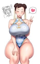1girls alternate_breast_size blush breasts breasts_bigger_than_head chinese_clothes chinese_dress chinese_girl chinese_girls chun-li erect_nipples female gigantic_breasts guuerosu huge_breasts li-fen milf shiny_clothes shiny_skin street_fighter street_fighter_6 tied_hair tight_clothing tight_fit tights twin_buns
