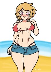 alternate_version_available ann_chica_(fnafhs) artist_request beach blonde_hair chica_(fnafhs) denim_shorts fhs fhsz3r0 fnafhs fnafhs_z3ro fnafhsrule34 purple_eyes red_bikini_top santoo115