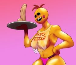 1girls animatronic bib big_ass big_breasts black_eyes chicken dildo five_nights_at_freddy's fnaf huge_ass huge_breasts looking_at_viewer mouthgg panties pink_panties robot sharp_teeth shiny_skin smile smug toy_chica_(fnaf) transparent_clothing video_games yellow_body