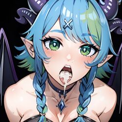 1girls after_fellatio after_oral ai_generated braid braided_twintails cum cum_in_mouth demon_wings froot green_eyes hi_res horns large_breasts looking_at_viewer multicolored_hair oral_creampie pointy_ears short_hair stable_diffusion virtual_youtuber vshojo