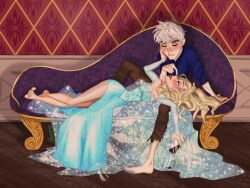 1boy 1girls bare_legs barefoot blonde_female blonde_hair blush crossover crossover_pairing disney disney_princess dreamworks dress elsa elsa_(frozen) female frozen_(film) high_slit_dress jack_frost jack_frost_(rise_of_the_guardians) jelsa lipstick lying_on_person male male/female mars_mayhem on_couch on_lap paramount_pictures red_lipstick rise_of_the_guardians slim_waist slit_dress small_waist