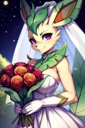 ai_generated anthro eeveelution female flower game_freak leaf leafeon leaves looking_at_viewer night night_sky nintendo pokemon pokemon_(species) purple_eyes star starry_sky stars wedding_dress wedding_veil