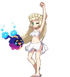 1girls bare_arms bare_legs bare_midriff bare_shoulders bare_thighs belly_button bikini bikini_bottom bikini_scarf bikini_skirt bikini_top blonde_hair braided_hair cosmog emerald_eyes female light-skinned_female light_skin lillie_(pokemon) midriff navel nebby_(pokemon) nebula pixel pixel_(artwork) pixel_art pixelated pokemon pokemon_(species) pokemon_sm sandals solo swim_suit swimsuit swimwear white_bikini white_bikini_bottom white_bikini_top white_swimsuit white_swimwear wink winking winking_at_viewer