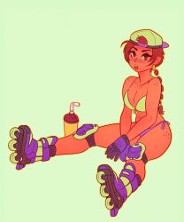 aubrey_(sea_legs) backwards_baseball_cap backwards_cap backwards_hat bikini braid braided_hair brown_eyes cap earrings freckles gloves hat knee_pads ndasfw red_hair red_hair rollerblades sea_legs sitting tanned_female tanned_skin water_bottle