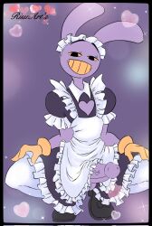 anthro boob_window bunny bunny_ears gloves heart jax_(the_amazing_digital_circus) looking_at_viewer maid maid_outfit maid_uniform male penis purple_body purple_penis risu_steilsson sitting smile smiling_at_viewer solo_male tagme the_amazing_digital_circus thighhighs thighs veiny_penis yellow_eyes yellow_mouth