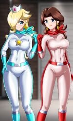 2_bodysuits 2girls 3:5 5_fingers blonde_hair blue_eyes bodysuit closed_mouth clothing eyes female female_focus female_only gloves hair_over_one_eye human mario_(series) mario_kart nintendo open_eyes pauline png princess_rosalina smile standing tagme take_your_pick telere tight_clothing