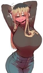 1girls arms_up batsuichide_nakimushina_otonarisan big_breasts black_shirt busty curvy curvy_body curvy_female curvy_figure eyebrows_visible_through_hair eyelashes_visible_through_hair female female_only hair_between_eyes hands_behind_head huge_breasts jeans large_breasts musk_clouds my_divorced_crybaby_neighbour ochiai_san slim_waist solo solo_female solo_focus spiral_eyes sweat sweatdrop sweating thin_waist two_tone_hair white_background zyugoya